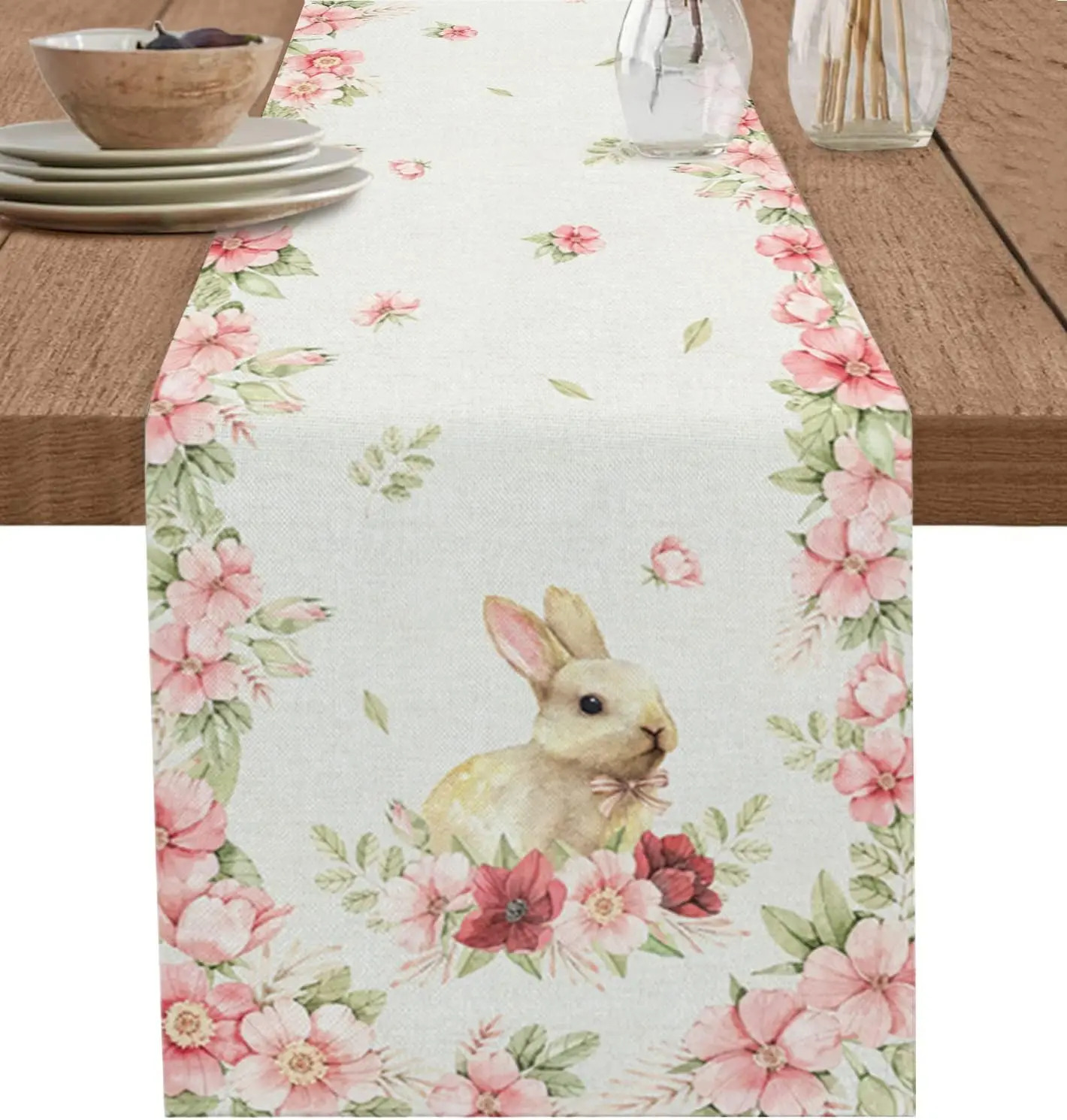 Easter Bunny Watercolor Flowers Linen Table Runner Spring Floral Durable Dresser Scarf Table Decor Kitchen Dinner Party Decor