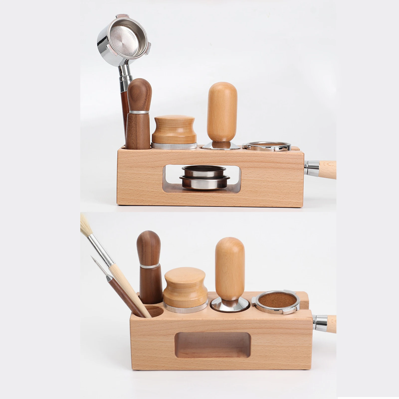 51/58mm Coffee Tamper Station macchina da caffè supporto per pressa per polvere in legno massello Base di stoccaggio regolabile in altezza per Espresso Shop