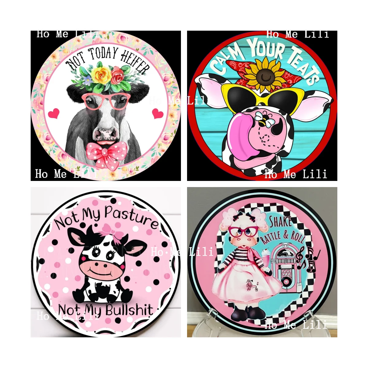 Not Today's Heifer Farmhouse Garland Logo Decorated With Fun Vintage Cow Round Metal Plaques