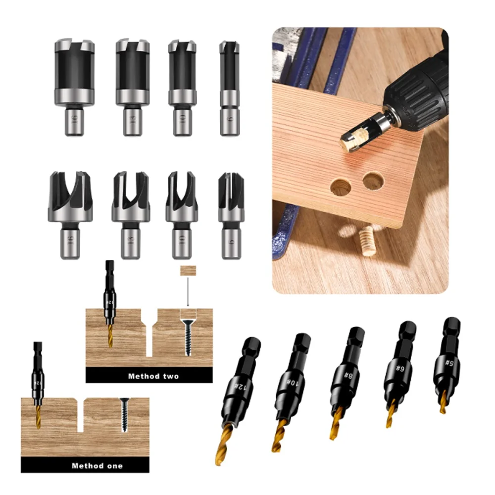 

14Pcs Countersink Drill Bit High Speed Steel Cork Dowel Shank Drill Bit Knife Wood Plug Cutter Tool Drill Bits for Woodworking