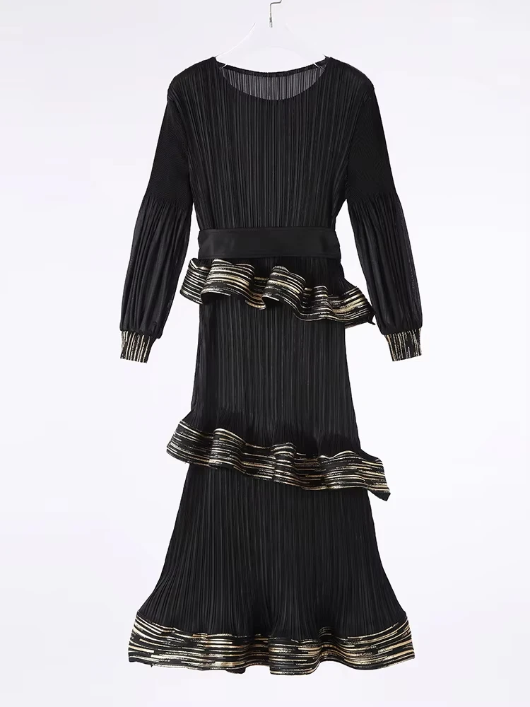 

ANLAN Autumn 2024 New Pleated Fashion Women's Dress Ruffles Spliced Belt Gathered Waist Bronzing Design Dresses 6AN9135