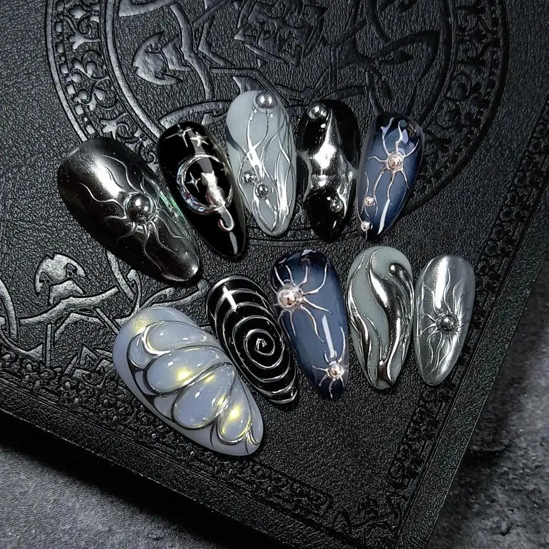 

24Pcs Gothic Handmade Press on Nails Medium Almond with 3D Butterfly & Silver Star Cat Chrome False Nails Punk Black Nail Tips