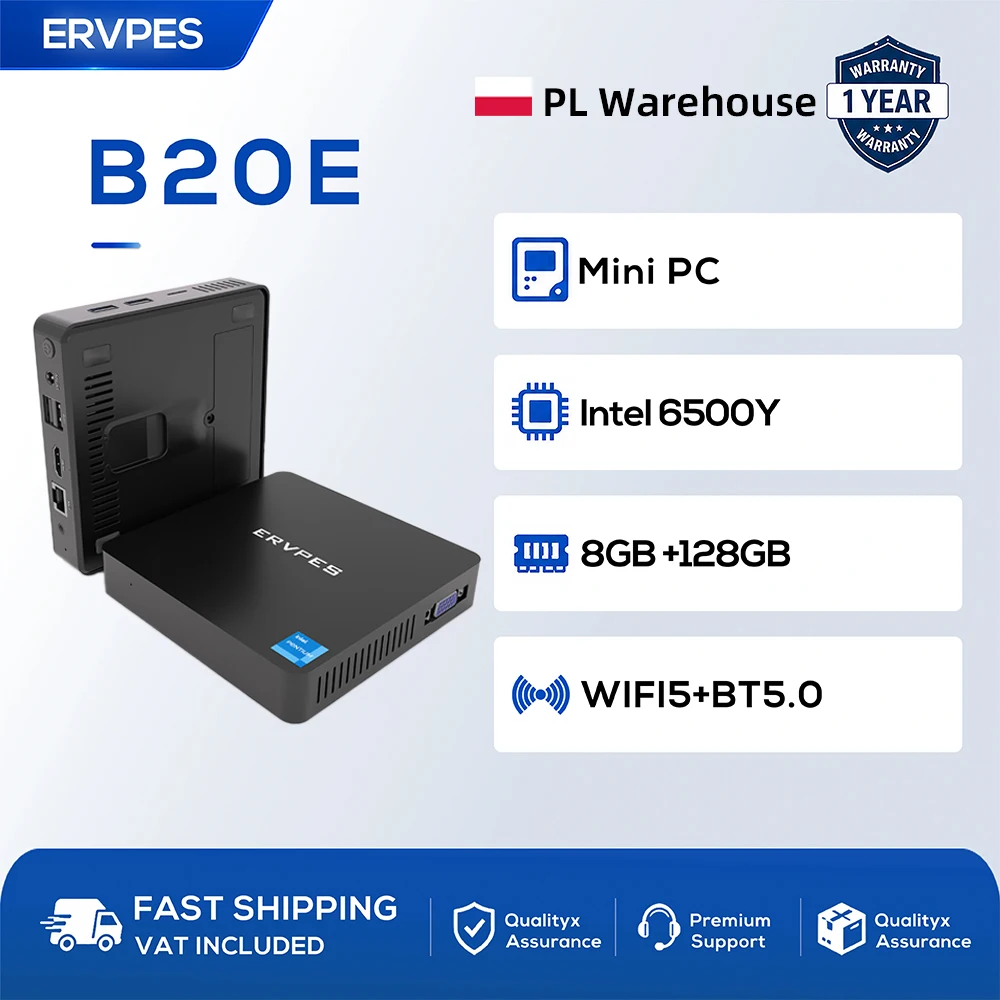 ERVPES B20E Mini PC Windows 11 8GB RAM 128GB SSD Intel 6500Y Dual Band WiFi5 BT5.0 HDMI/VGA USB Micro Desktopcomputer voor thuisgebruik