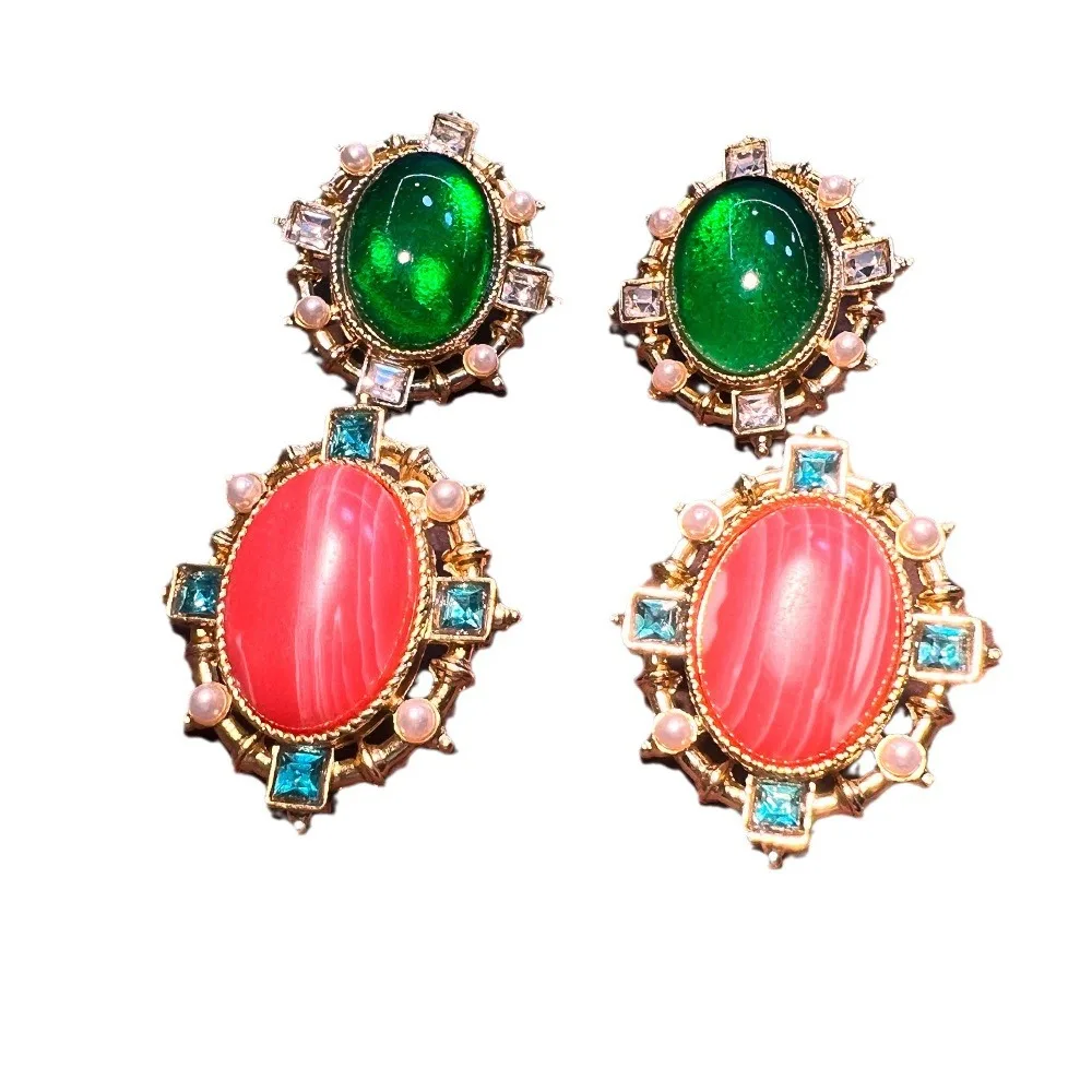 French premium stud earrings, Hepburn style glazed green rouge powder copper plated real gold court style simple medieval earrin