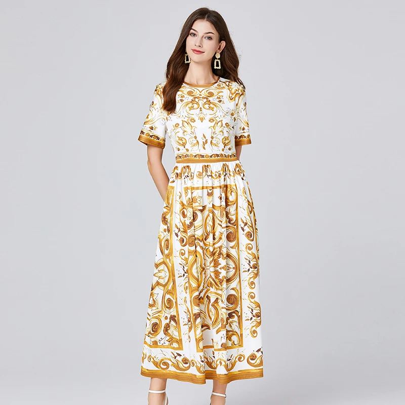 Vestido feminino estampado em porcelana, manga curta, cintura alta, vestido longo de férias, passarela estilista, amarelo azul e branco, moda verão
