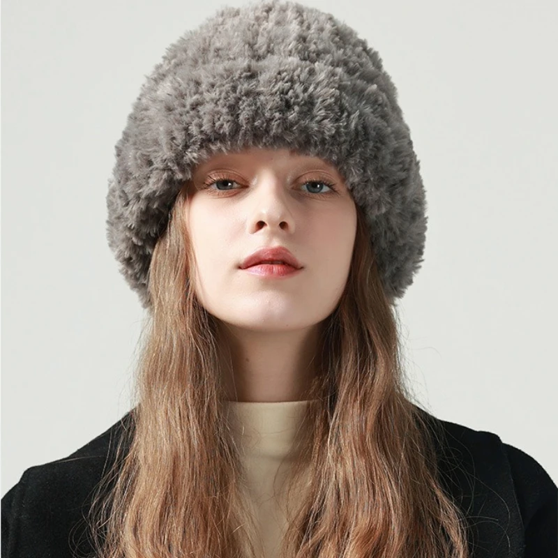 قبعة فرو الأرنب الصناعي المرأة العصرية عادية لينة قبعة الشتاء الدافئة موضة تنوعا محبوك قبعة الإناث الباردة برهان بيني الإناث #2