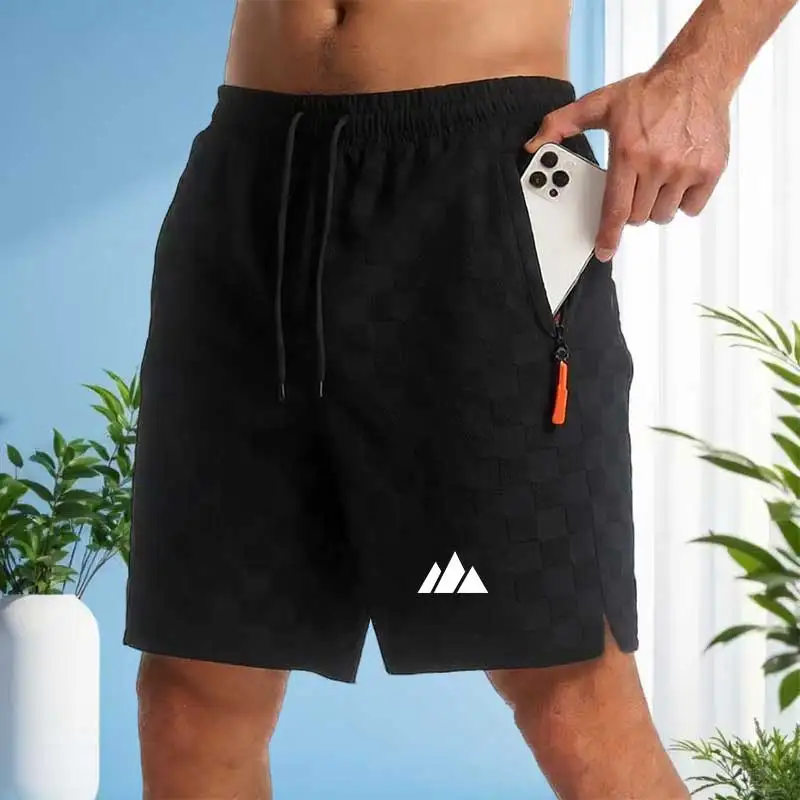 

Men's sport print checked jacquard shorts with drawstring design and side pockets, suitable for daily, casual, vacation wear.