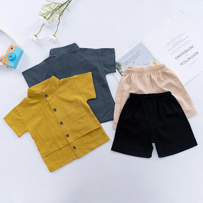 2Pcs Summer Children Boys Clothes Set Kids Solid Lapel Collar T-shirt Tops+Shorts Outfit Baby Casual Fashionable Clothes Set