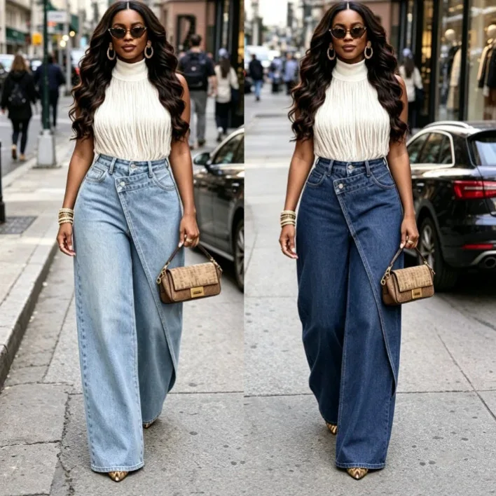 Asymmetric Waist Wide Leg Jeans High Rise Slanted Button Closure Loose Fit Washed Denim Vintage Casual Streetwear Women's Jeans