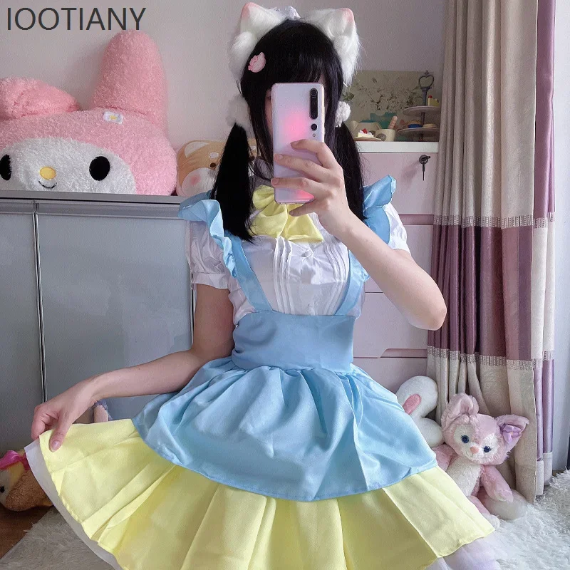 

CosplaySweet And Cute Lolita Bow Colorful Dress Maid Cosplay Costume Anime Maid Dress Retro Maid Work Uniform Stage Role Play Co