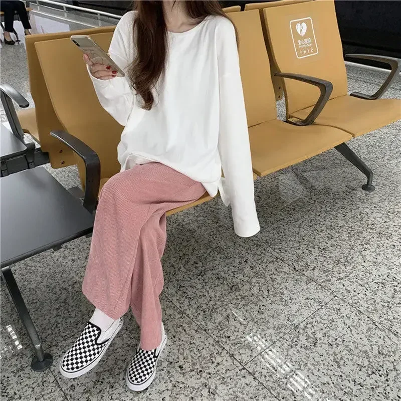 Spring and Autumn Pink Corduroy Pants Women Casual Wide-leg Sweatpants Female High Waist Straight Loose Super Hot Dropshipping