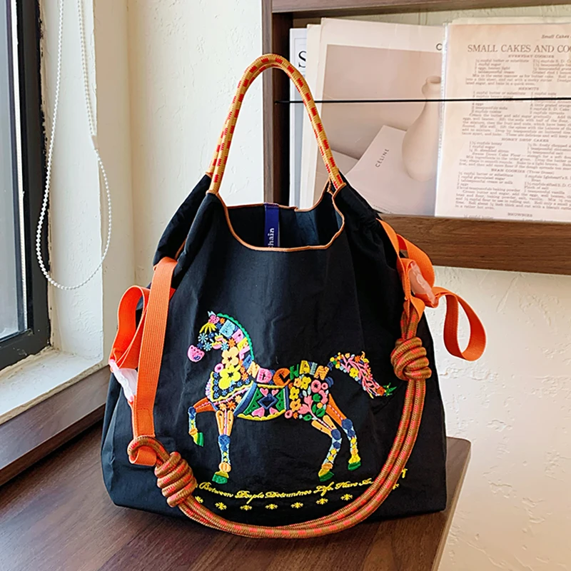 Bohemian Colorful Horse Embroidery Nylon Tote Bag, Artistic Large Capacity Shoulder Bag, Ball Chain Casual Crossbody Woman Bag