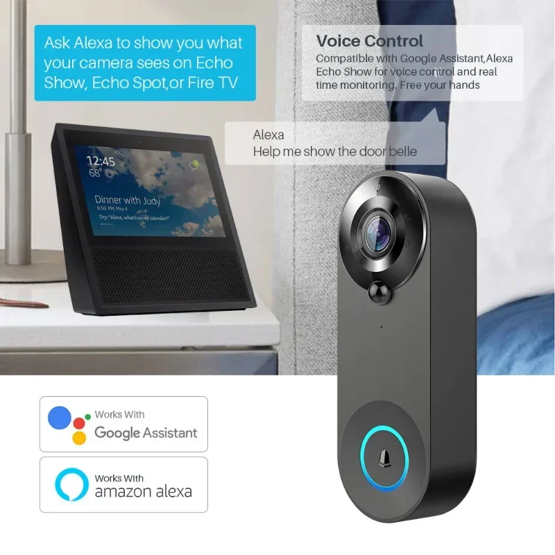 Timbre de puerta con vídeo inteligente, intercomunicador con Audio bidireccional, 1080P, WiFi, funciona con Alexa, Echo Show, Google Home