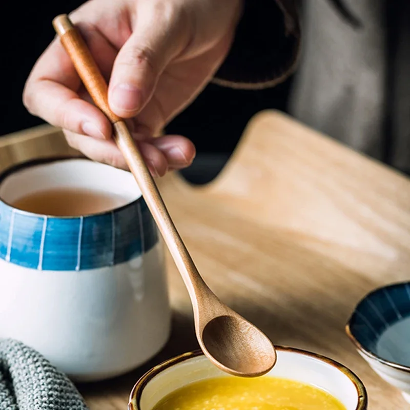 6Pcs Wooden Tea Spoon Long Coffee Spoons Small Teaspoon Set Wood Honey Dessert Spoon Coffee Drink Stirrer Teaspoons Tableware