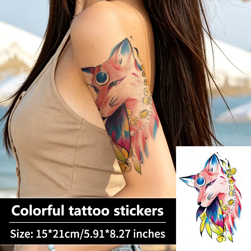 Chinese Style Fox Tattoo Sticker, Iridescent Gem Coin Fox Temporary Tattoo Waterproof for Arm Thigh Men Women