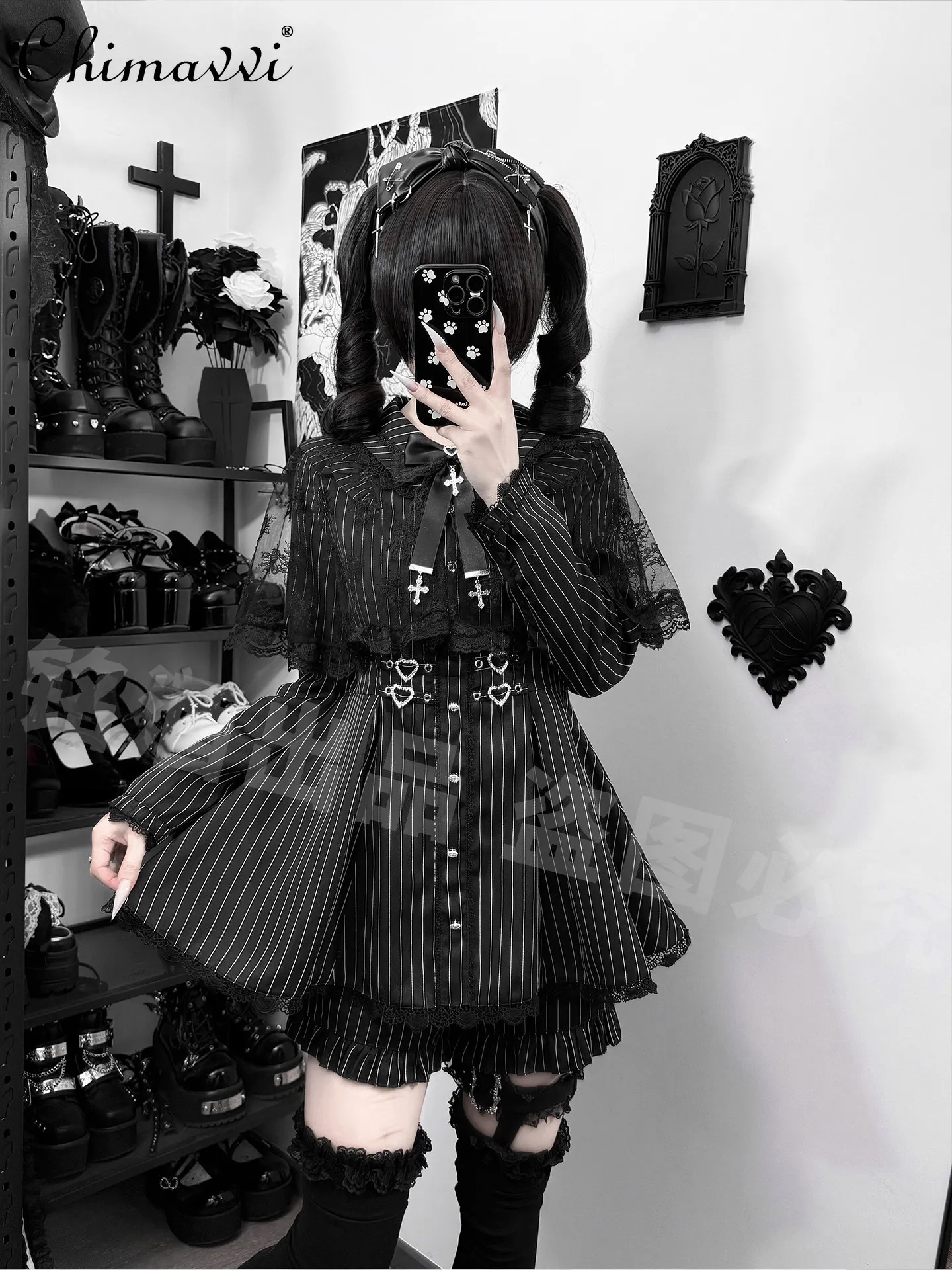 

Japanese Y2K Subculture Lolita Outfit Spring Summer Gothic Striped Black Lace Cape Long-sleeve Dress Shorts 2piece Set Women