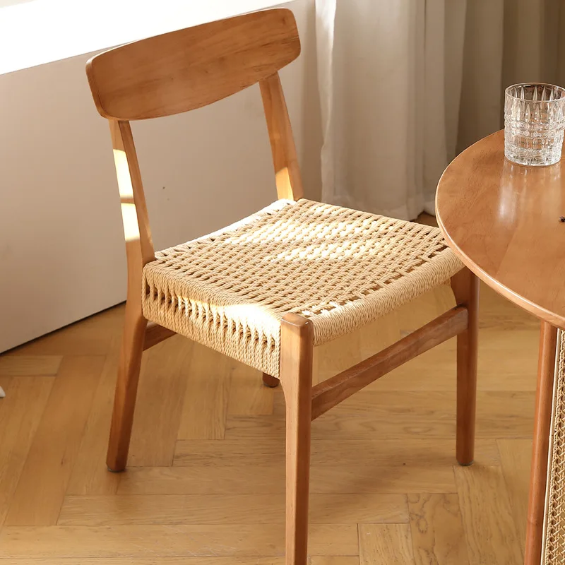 Retro Solid Wood Rope Dining Chair Modern Minimalist Home Woven Makeup Stool Nordic Rattan Back Chair Living Room Furniture 2023