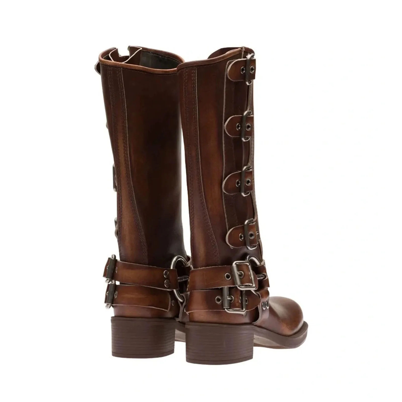 Arden Furtado 2025 Genuine Leather Platform Rivet Motorcycle boots Round toe Belt buckle Block heel mid wide calf Western boots image 5