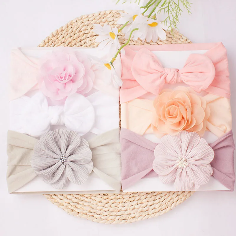 

3 шт./компл., детская повязка для волос с цветочным бантом, однотонная эластичная повязка на голову, нейлоновый тюрбан, платок, головной убор принцессы для девочек, детские аксессуары для волос