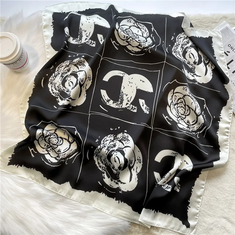 Luxury Design 70*70cm camellia Print Silk Square Scarf Women Soft Satin Hairband Neckerchief Office Hijab Headband Foulard Gift