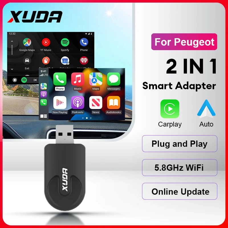 XUDA 2in1 adaptor Carplay nirkabel Android Mini pintar 2024 baru 208 untuk Peugeot 308 408 508 2008 3008 4008 5008