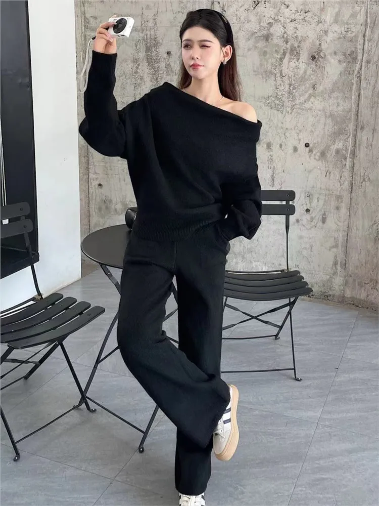 Slash Neck Sweater And Long Trouser Chic Winter Two Piece Set Loose Knit Tops Long Trouser Pink Sweet Two Piece Set 2024 New