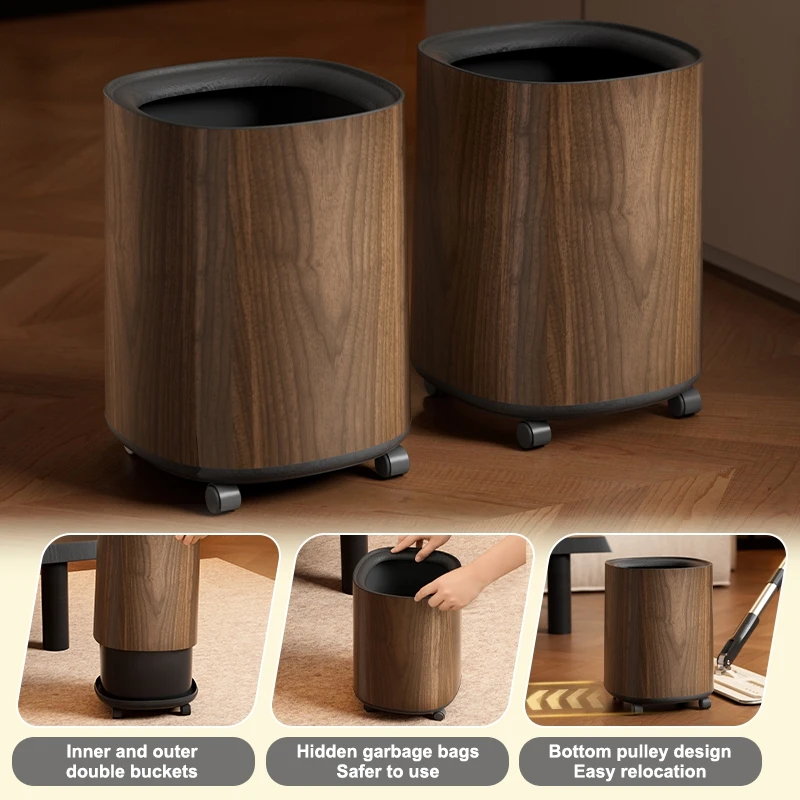 UFORU Wood Grain Waste Bin Large Capacity Double Bucket Hidden Garbage Bag Creative Trash Can for Home Office Living Room