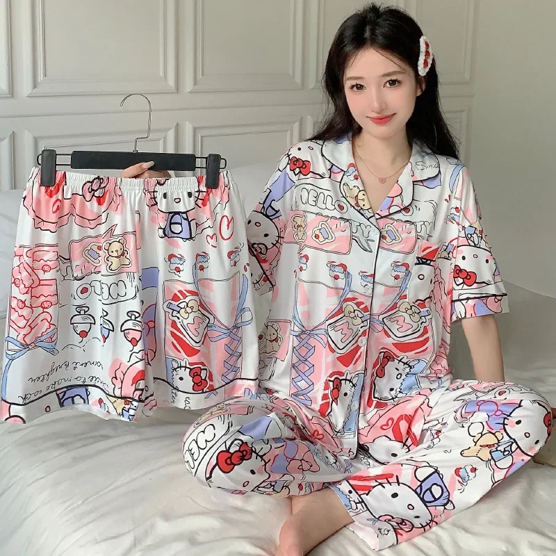 

3-piece pajamas women's home wear set Hello Kitty My Melody Cute Cartoon New Pajamas Women's Four Seasons Short Sleeve Home Clot