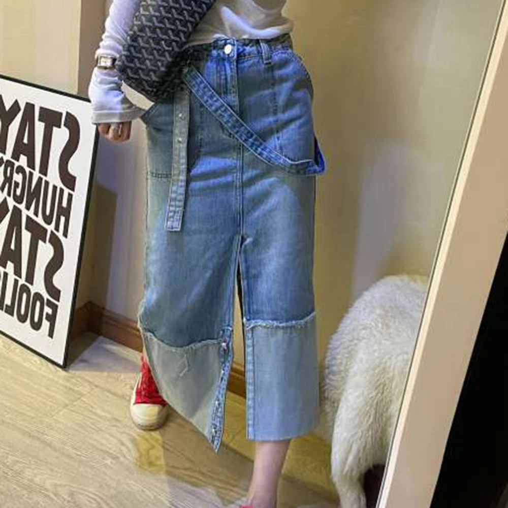 

2025 medium and long denim skirt skirt women's spring and autumn design sense 2 wear hip-wrapped split asymmetrical strap skirt