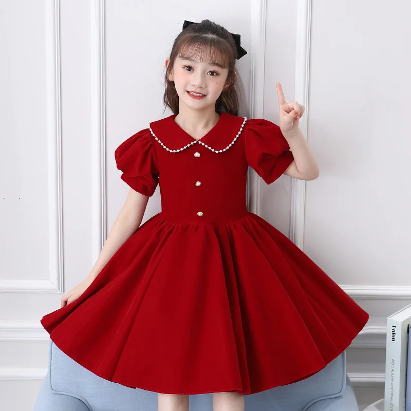 Korean girls' exotic velvet dress spring and summer 2022 small fragrance bubble sleeve children's red dress Princess Dress