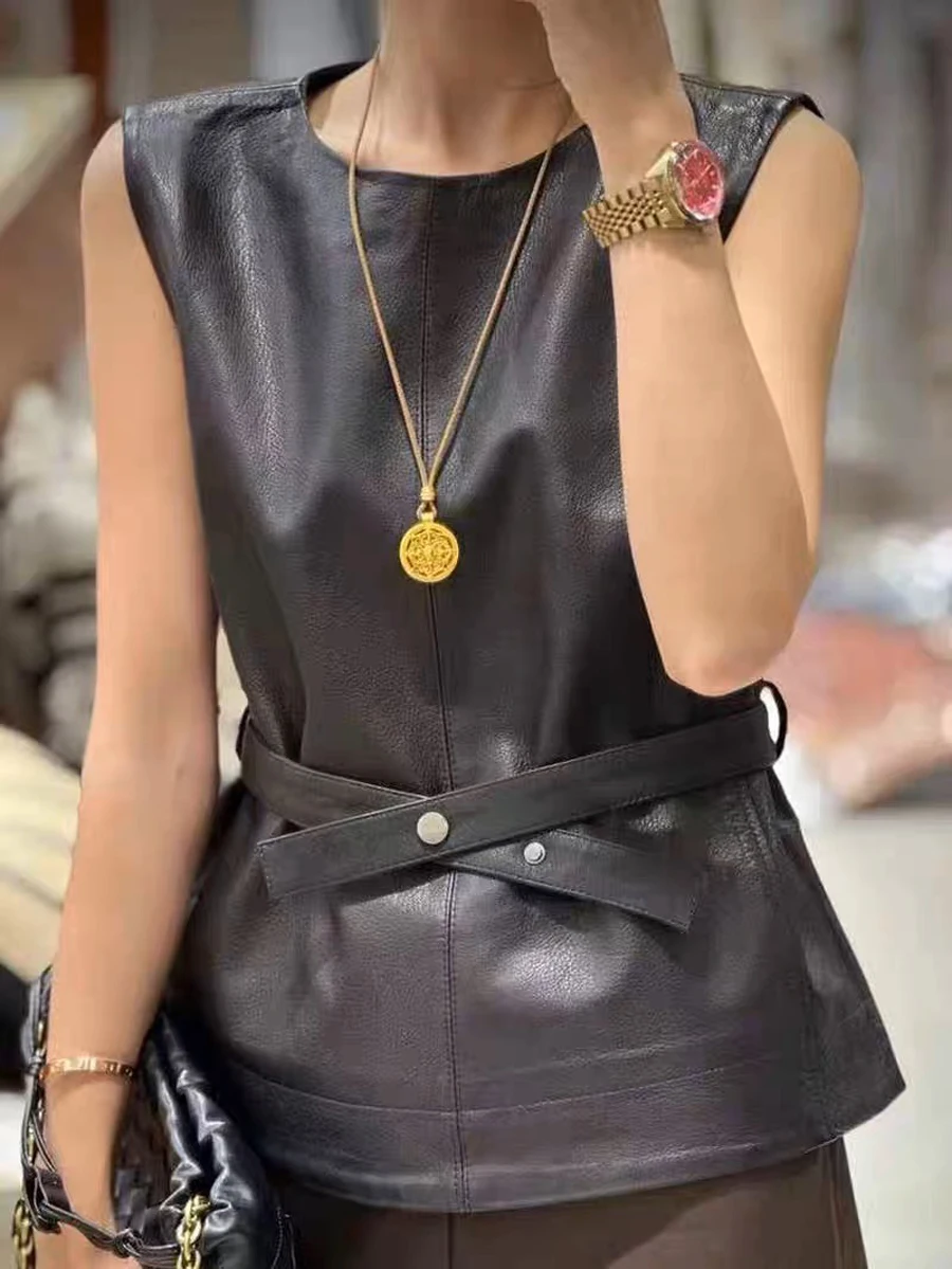 2025 Spring Fashion Slim Belt Vest Women Femme 100% Leather Black Burgundy Waistcoat Mujer Sweater Manteau Sleeveless Jacket