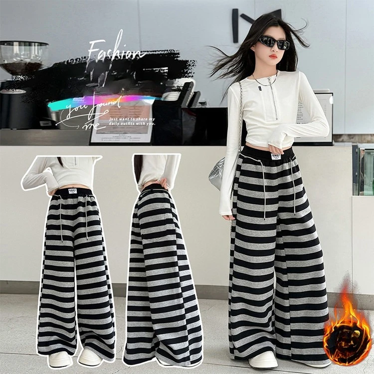 

Утепленные флисовые полосатые теплые широкие брюки для девочек. Детские брюки прямого кроя. Брюки для подростков. Весна и осень.