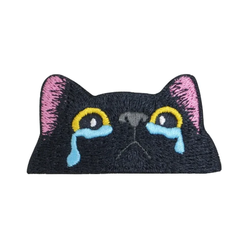 Interesting Black Cat Face Embroidered Patch Cute Embroidered Crying Cat Badge Hook and Loop Stickers Patches for Clothing