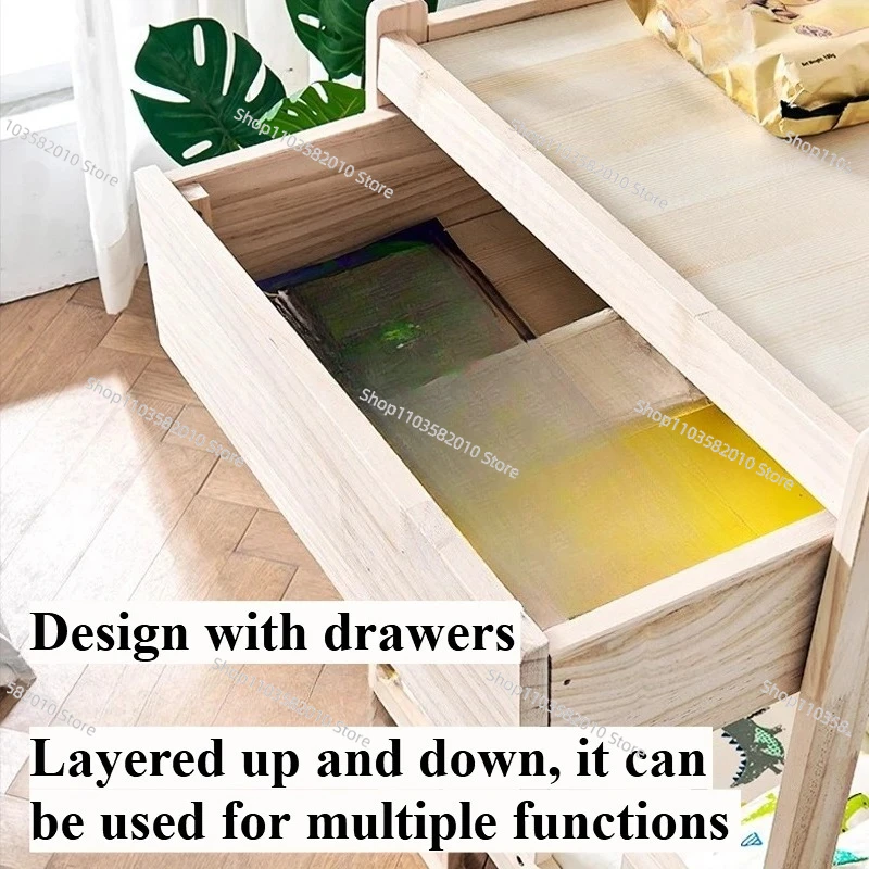 Solid Wood Double-Layer Pet Bed, All-Season Teddy Small Dog Bed & Cat Nest with Drawer Storage & Bedside Table