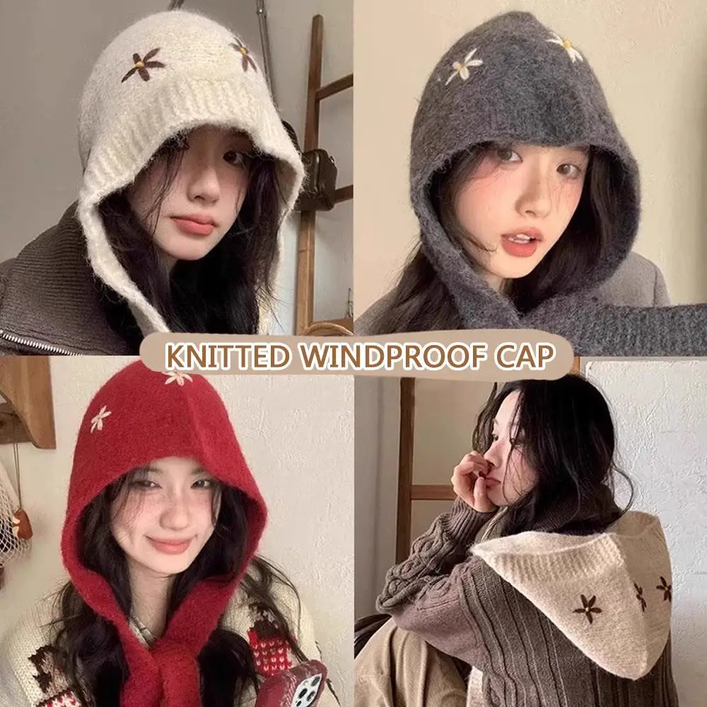 冬の花バラクラバスカーフニット帽子かわいい花耳保護ビーニーキャップ女性屋外スキースノーレースアップフード付きキャップ
