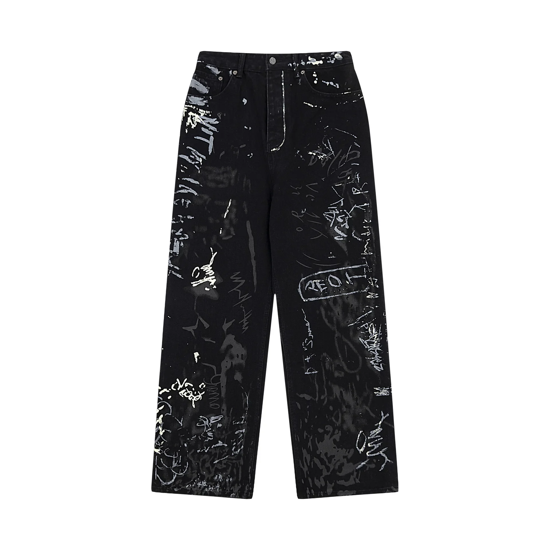 High Street American Style Graffiti Letter Print Niche Jeans For Men Women Loose-fit Wide-leg Straight-leg Long Pants