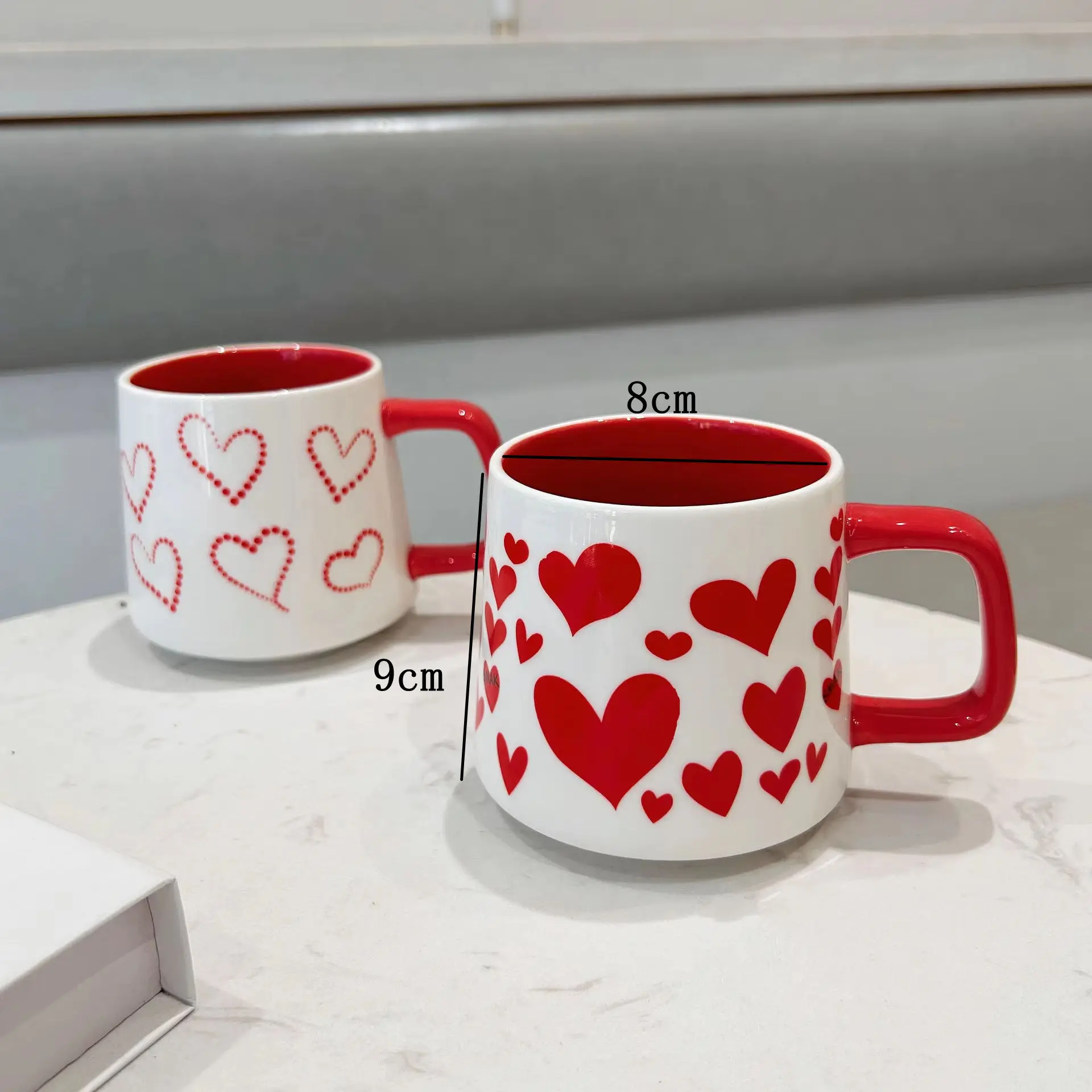 Red Heart Ceramic Mug Set, Cute Love Coffee Cup for Couples, Aesthetic Home Water Cup, Ideal Wedding Engagement &Valentines Gift