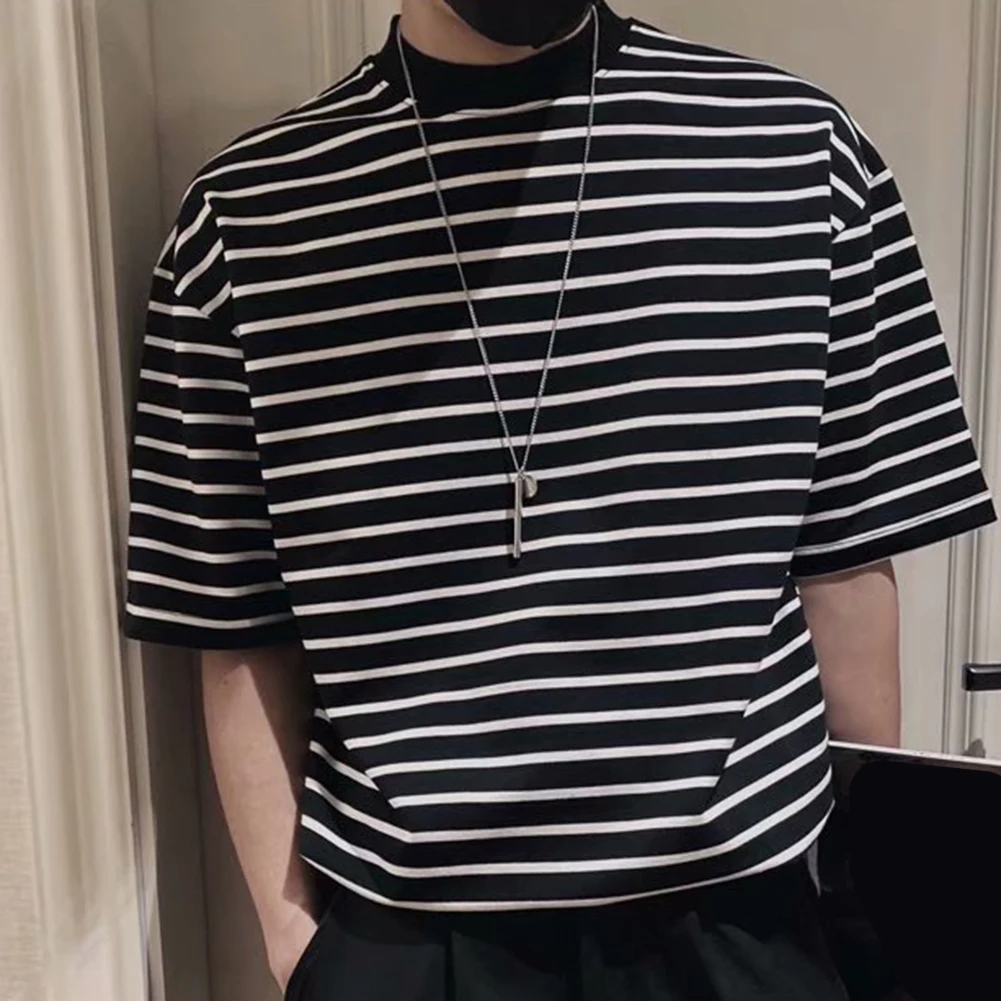 

All Match T-Shirt 3XL Black Casual Half Sleeves Slight Stretch Fabric Stripes Pattern Design Size Reference Provided