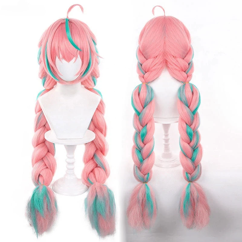 

High Quality Varesa Cosplay Wig 100cm Long Braided Pink Green Mixed Heat Resistant Synthetic Hair Anime Cosplay Wigs + Wig Cap