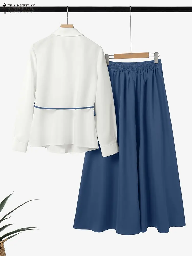 ZANZEA Women Autumn 2 Piece Outfits Long Sleeve Patchwork Shirts and Long Skirts Fashion Dress Sets 2025 Elegant Office OL 2pcs
