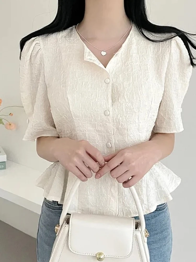 우아한 빈티지 반소매 퍼프 슬리브 크롭 셔츠 여성용 허리 장착 프릴 엣지 틈새 여름 탑 