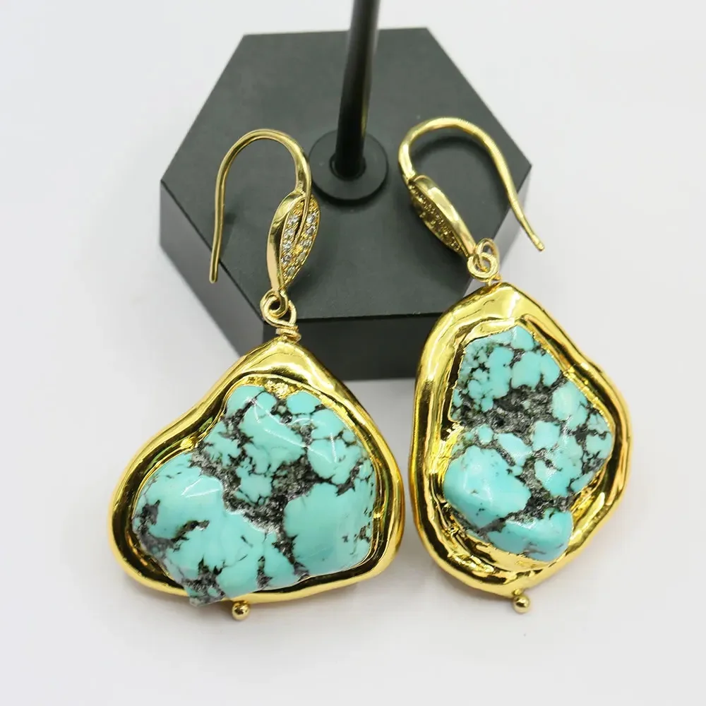 Freeform Turquoise Blue Howlite With Gold Plated Edge Lever Back Dangle Earrings CZ Hook Ethnic Style For Lady