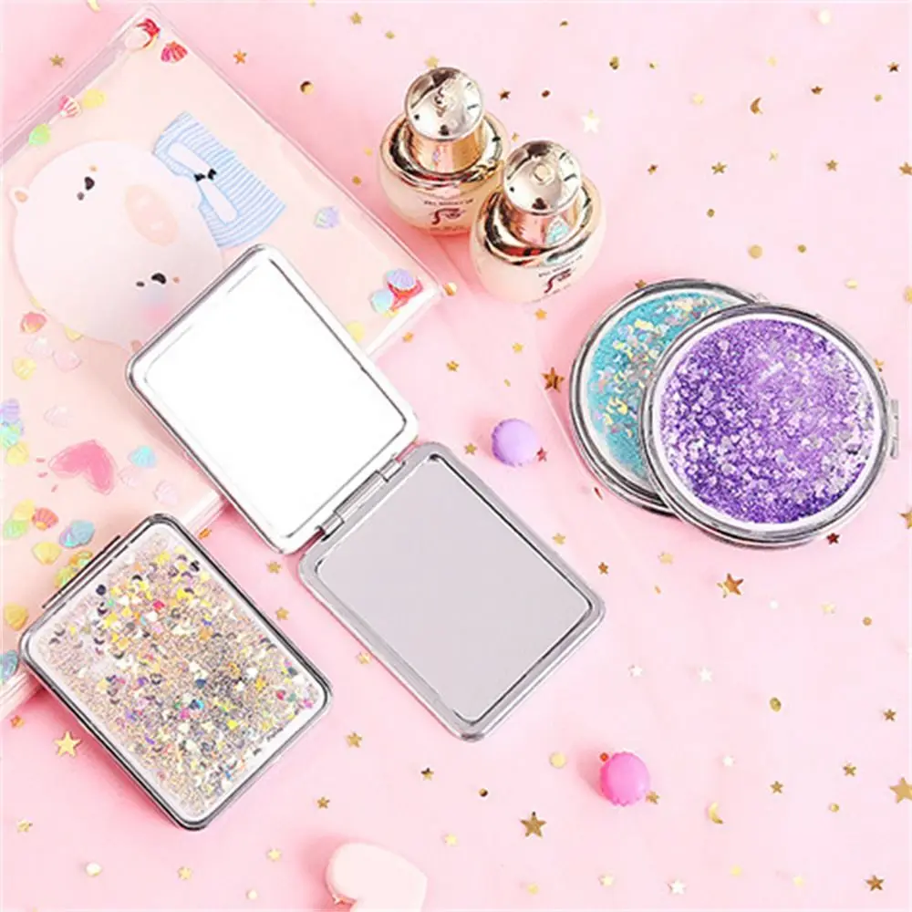 Requintado espelho de maquiagem areia movediça brilhante bling redondo quadrado dobrável espelho de bolso de ampliação portátil maquiagem