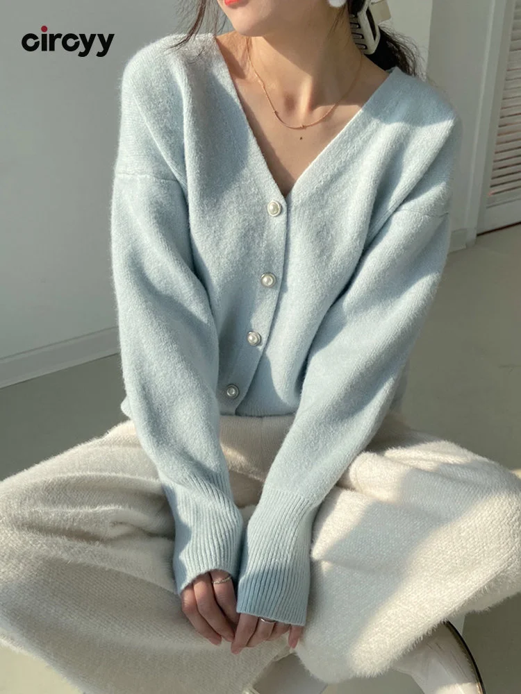 

Knitted Cardigan Women Sweater Korean Fashion White Blue Pink V-Neck Lady Clothes Soft Loose Coat 2022 Fall Winter Warm