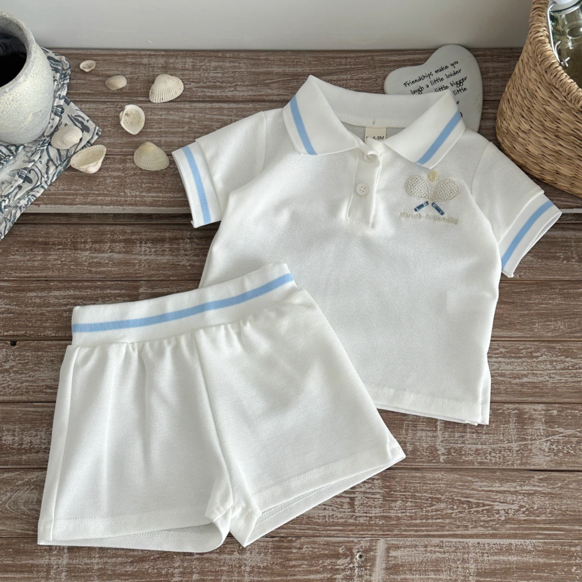 Two-Piece Set for Baby: Summer Racket Embroidery Short-Sleeve Top + Shorts. Sporty Style Set. Suitable for 0-3Y