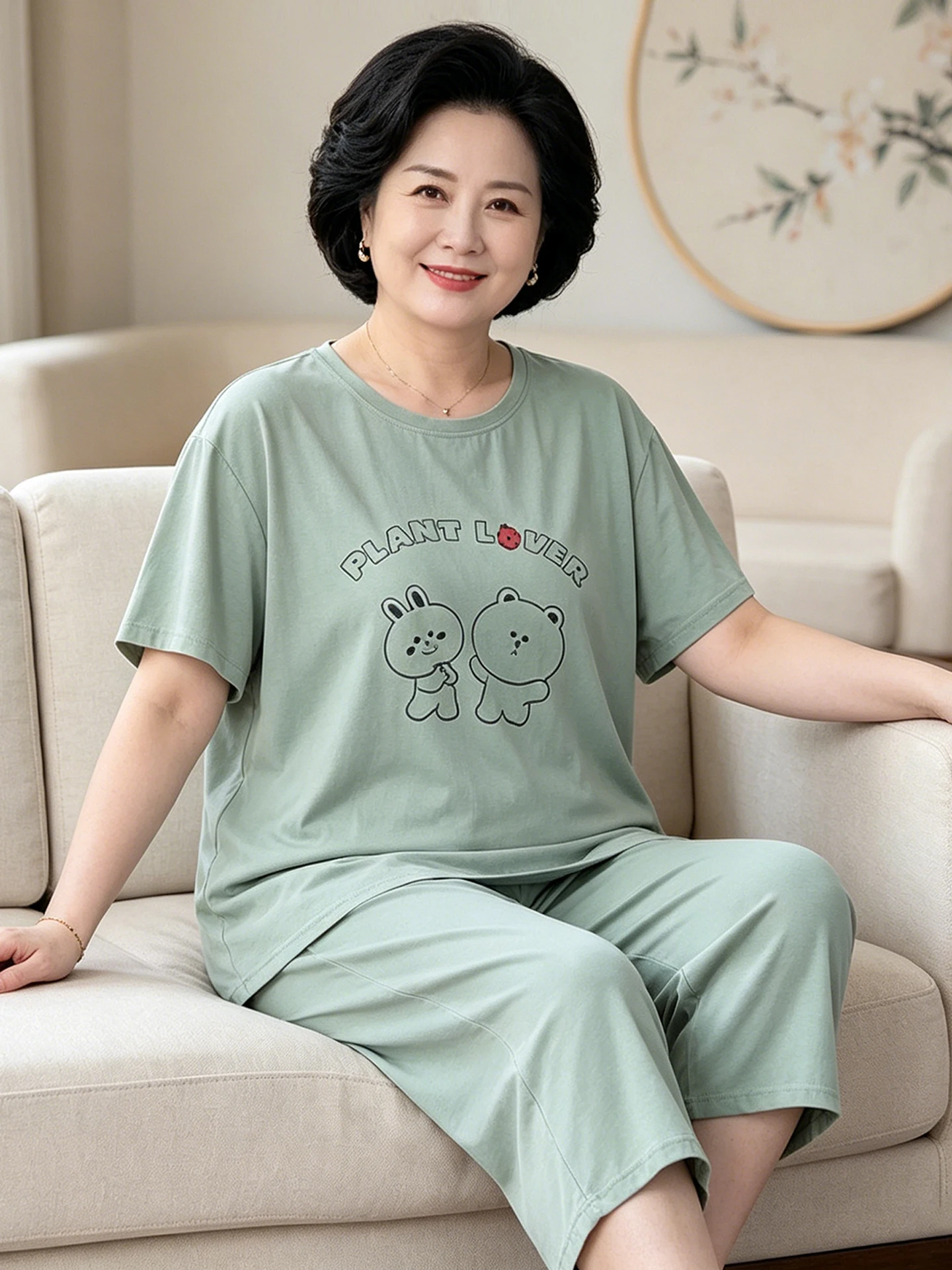 pure-cotton-summer-sleepwear-women's-loose-fit-thin-home-clothes-comfortable-breathable-seven-quarter-pants-round-neck-short