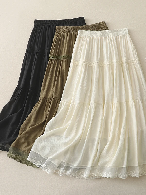 

Ele High Waist A-Line Midi Skirt with Lace Trimming plus Size Women's Summer Faion Splicing Slimming f-length Skirt