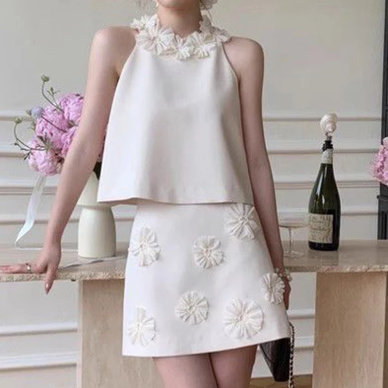 2024 Summer New French Elegant Immortal Wealth Gang Gold Flower Tank Top Skirt Set  women tops  corset top