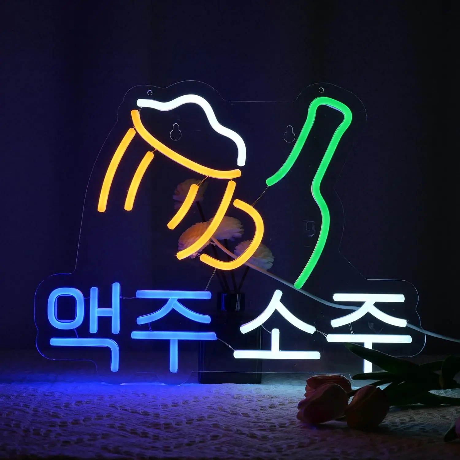 Letrero de Neón con Texto Coreano de Cerveza y Soju, Luz de Neón USB Regulable, Decoración Estética para Restaurantes Coreanos, Bares, Mostradores, Tiendas de Bebidas y Paredes
