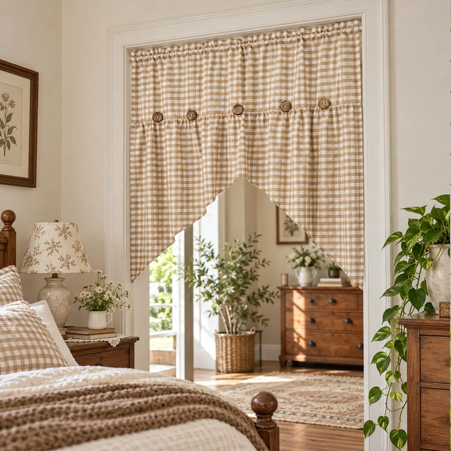 1pc Farmhouse Gingham Swag Valance with Buttons, Vintage Plaid Cafe Curtains,Rod Pocket Kitchen Sink Small Window Treatments